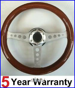 Classic 3 Spoke Chrome Wooden Woodrim Wood Vintage Car Steering Wheel 350mm 13